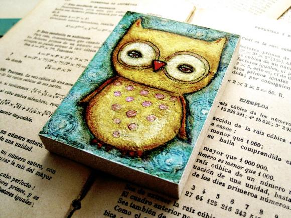 An Owl - Aceo Giclee Reproduction Mounted On Wood Block By Danita Art (2.5 X 3.5 Inches Print)