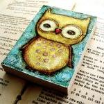 An Owl - Aceo Giclee Reproduction Mounted On Wood..